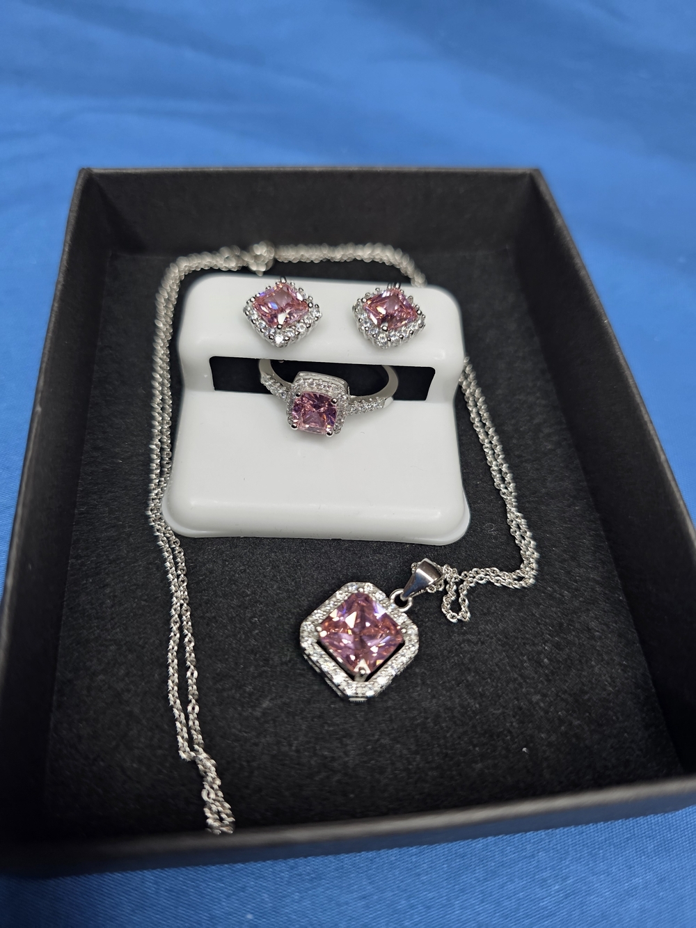 Sterling Silver Pink Moissanute Necklace, Ring & Earring Set